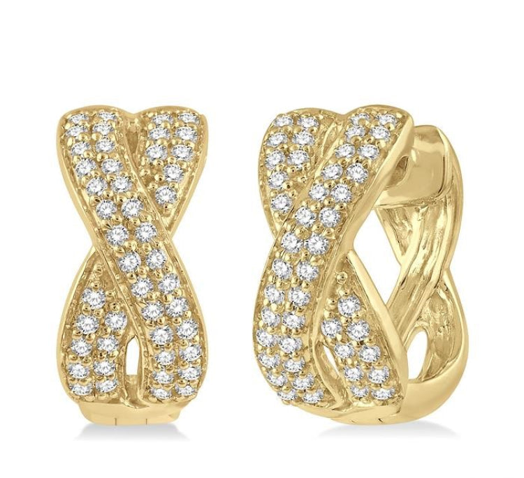 1/3 Ctw Crossover Round Cut Diamond Petite Huggie Earrings in 14K Yellow Gold