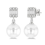 Load image into Gallery viewer, 6 MM Cultured Pearls and 1/10 Ctw Baguette and Round Cut Diamond Earrings in 14K White Gold