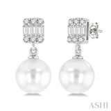 6MM Cultured Pearls and 1/10 ctw Baguette and Single Cut Diamond Earring in 14K White Gold