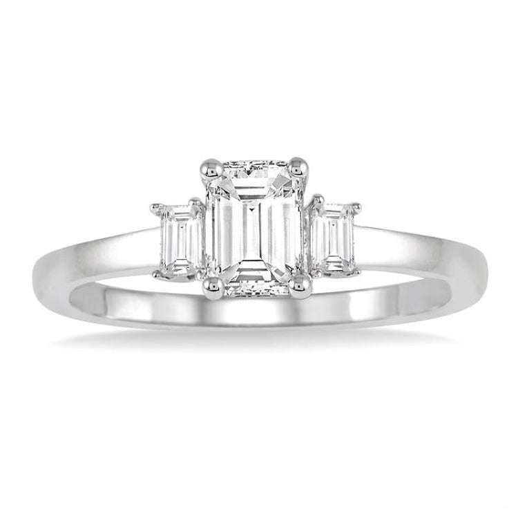 5/8 Ctw Emerald and Baguette Diamond Engagement Ring with 1/2 Ct Emerald cut Center Stone in 14K White Gold