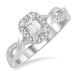 Load image into Gallery viewer, 1/2 Ctw Twisted Shank Round &amp; Emerald Cut Diamond Engagement Ring With 1/3 Ctw Emerald Cut Center Stone in 14K White Gold