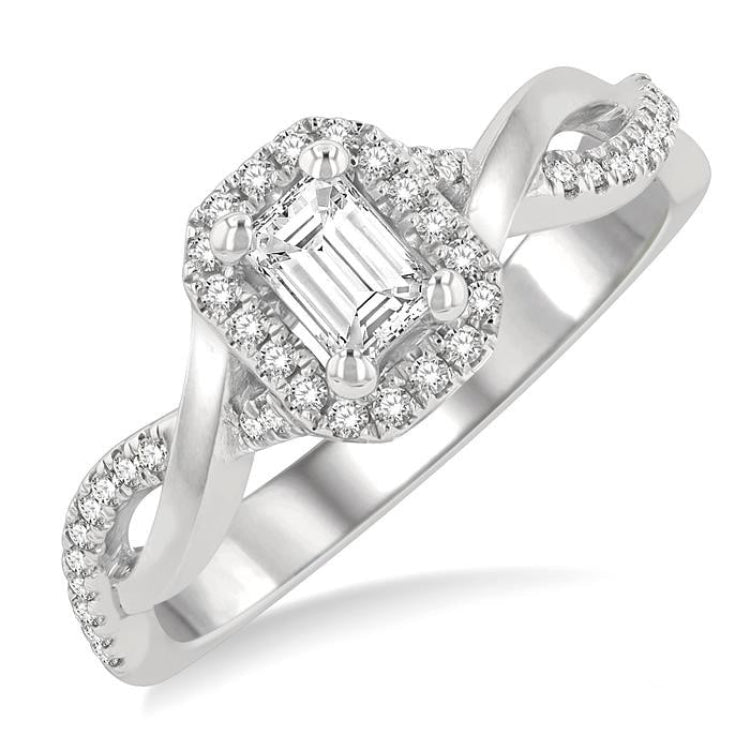 1/2 Ctw Twisted Shank Round & Emerald Cut Diamond Engagement Ring With 1/3 Ctw Emerald Cut Center Stone in 14K White Gold