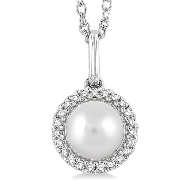 6 MM Round Shape Cultured Pearl and 1/20 Ctw Petite Round Cut Diamond Halo Fashion Pendant With Chain in 10K White Gold