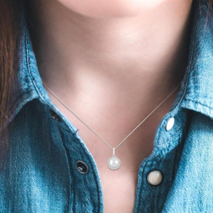 6 MM Round Shape Cultured Pearl and 1/20 Ctw Petite Round Cut Diamond Halo Fashion Pendant With Chain in 10K White Gold