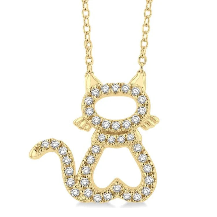 1/10 Ctw Cat Shape Petite Round Cut Diamond Fashion Pendant With Chain in 10K Yellow Gold