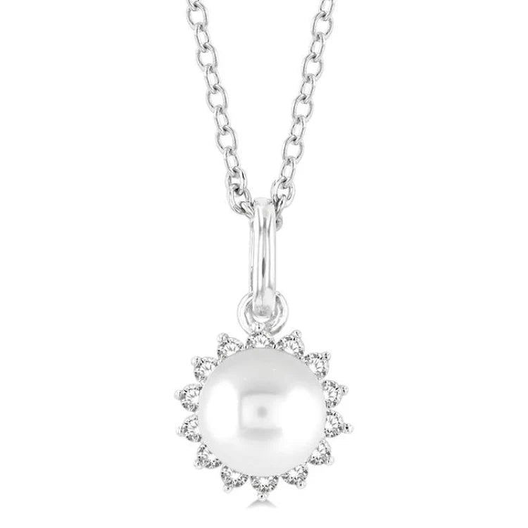 6 MM Cultured White Pearl and 1/6 Ctw Round Cut Diamond Halo Pendant With Chain in 10K White Gold