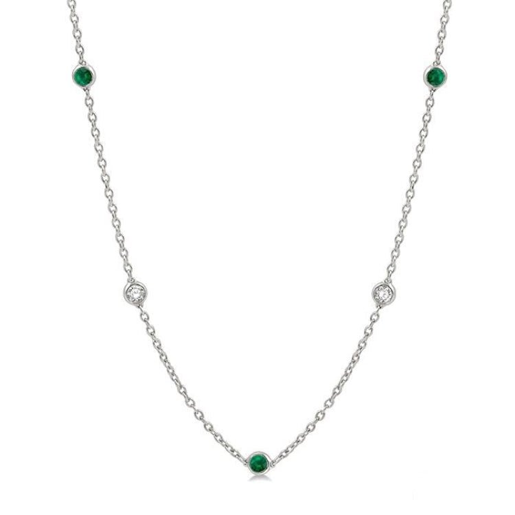 2.85 MM Emerald and 1/2 Ctw Round Cut Diamond Precious Station Necklace in 14K White Gold