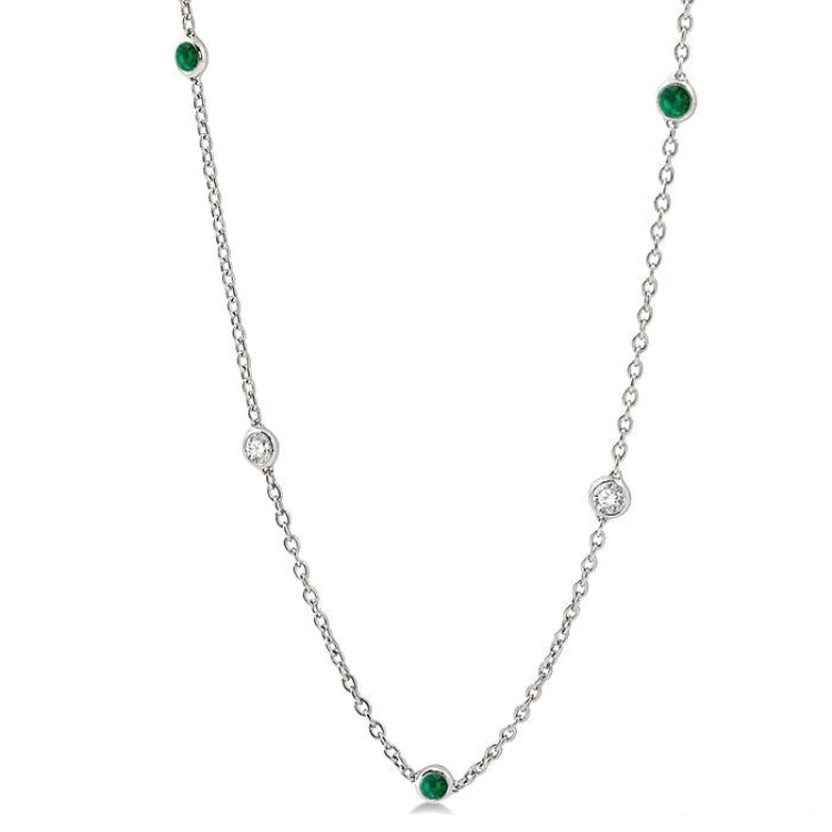 2.85 MM Emerald and 1/2 Ctw Round Cut Diamond Precious Station Necklace in 14K White Gold