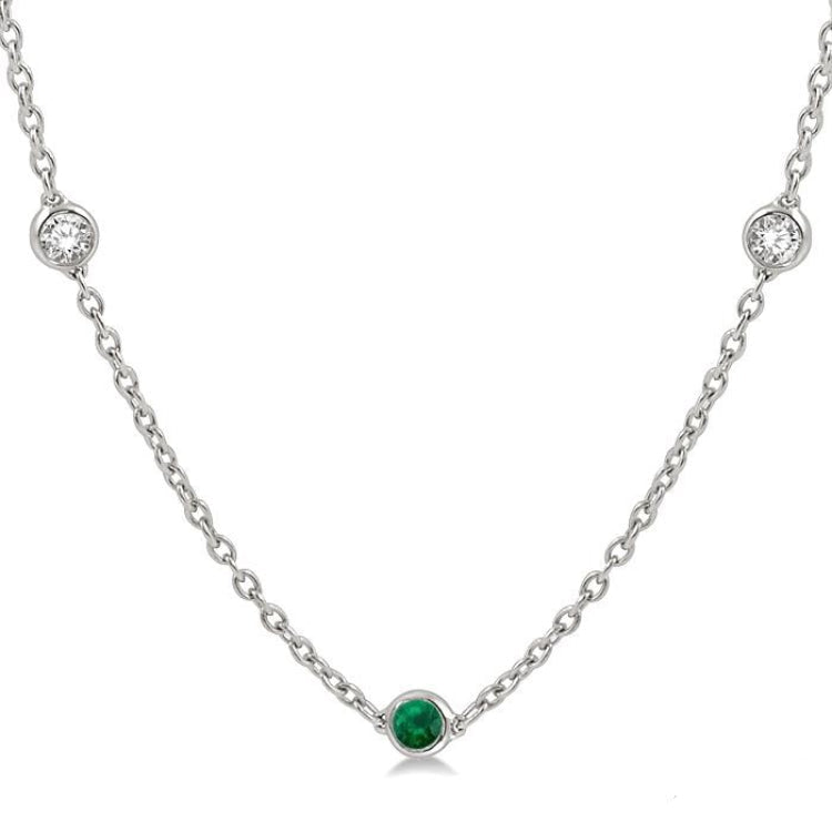 2.85 MM Emerald and 1/2 Ctw Round Cut Diamond Precious Station Necklace in 14K White Gold