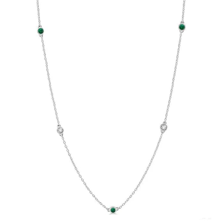 2.6 MM Emerald and 3/8 Ctw Round Cut Diamond Precious Station Necklace in 14K White Gold