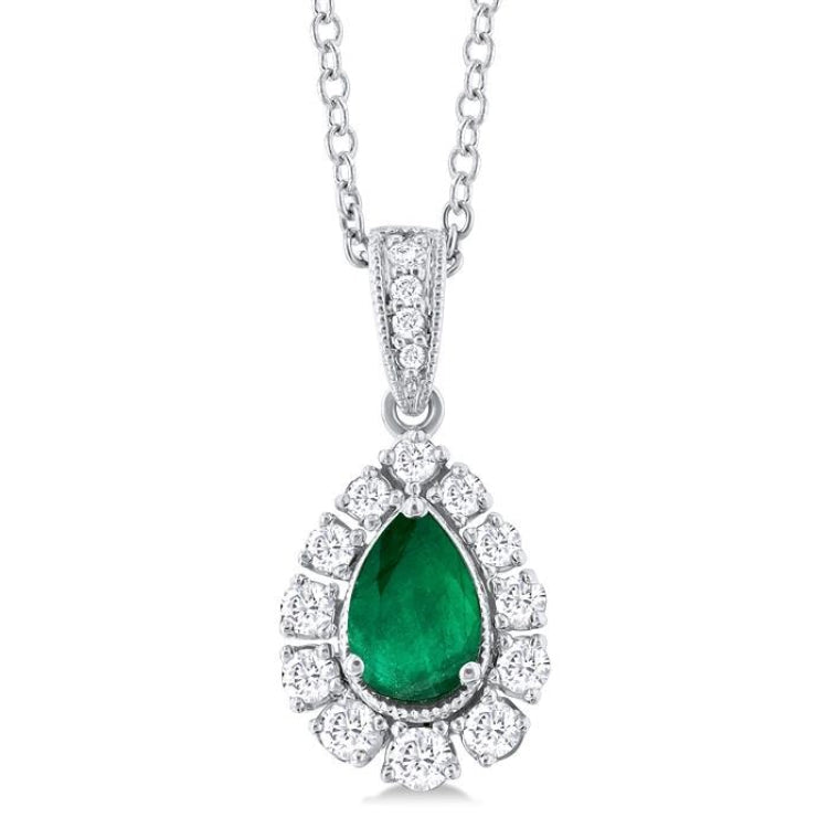 6X4 MM Pear Cut Emerald and 1/4 Ctw Round Cut Diamond Precious Pendant With Chain in 14K White Gold