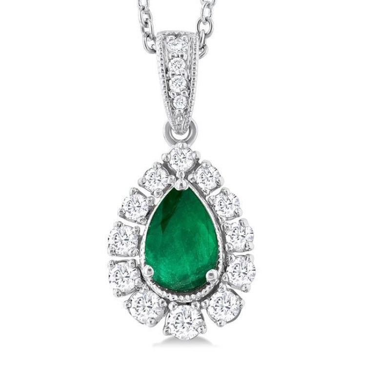 6X4 MM Pear Cut Emerald and 1/4 Ctw Round Cut Diamond Precious Pendant With Chain in 14K White Gold