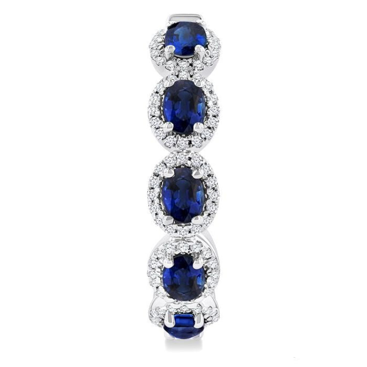 4X3 MM Oval Cut Sapphire and 1/2 Ctw Round Cut Diamond Halo Precious Hoop Earring in 14K White Gold