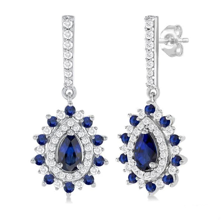 5x3 MM Pear Cut & 1.45 MM Round Cut Sapphire and 1/3 Ctw Round Cut Diamond Precious Earring in 14K White Gold