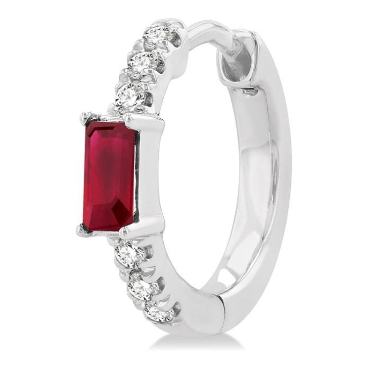 4X2 MM Baguette Cut Ruby and 1/8 Ctw Petite Round Cut Diamond Fashion Huggies in 10K White Gold
