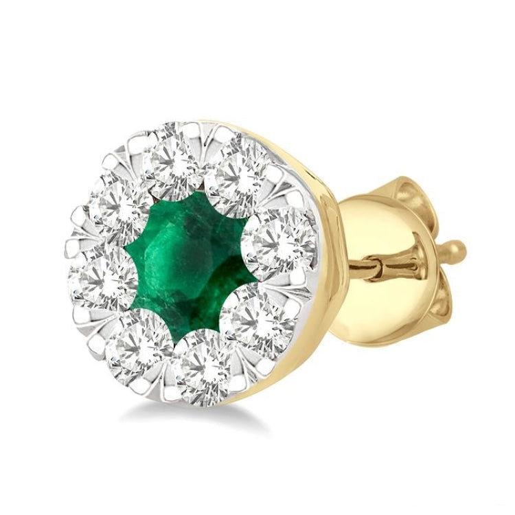3.3 MM Emerald and 1/2 Ctw Round Cut Diamond Lovebright Precious Stud Earrings in 14K Yellow & White Gold