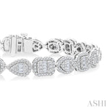 3 1/5 Ctw Mixed Shape Halo Fusion Baguette and Round Cut Diamond Bracelet in 14K White Gold