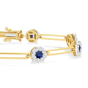 3 MM Sapphire and 1 1/5 Ctw Round Cut Diamond Paperclip Lovebright Precious Bracelet in 14K Yellow and White Gold