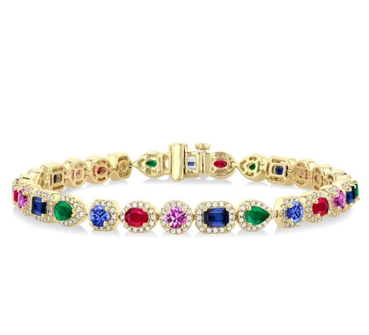 4X3 MM & 4 MM Mixed Shape Gemstone and 1 1/3 Ctw Round Cut Halo Diamond Bracelet in 14K Yellow Gold