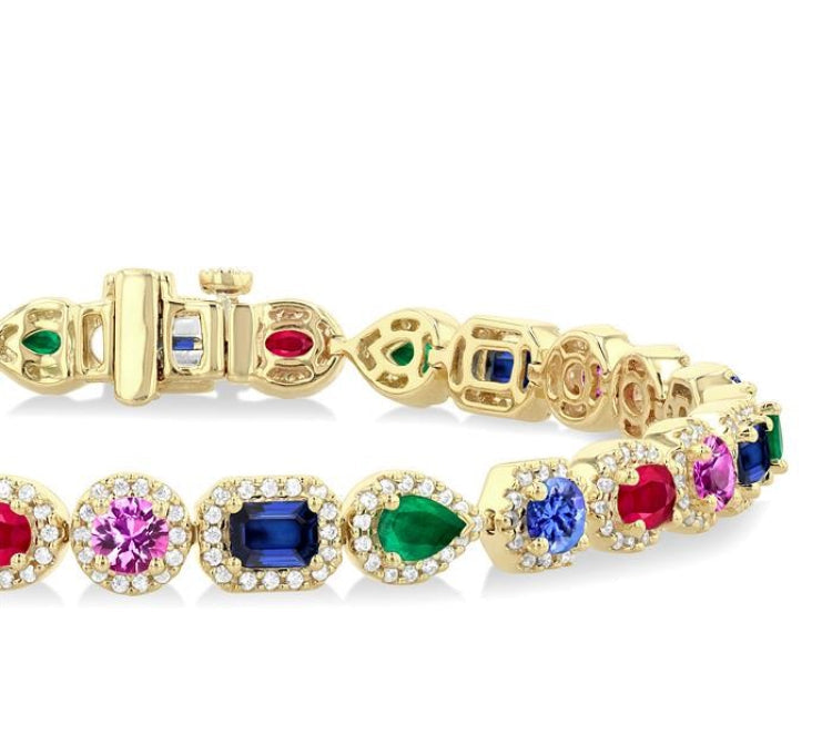 4X3 MM & 4 MM Mixed Shape Gemstone and 1 1/3 Ctw Round Cut Halo Diamond Bracelet in 14K Yellow Gold