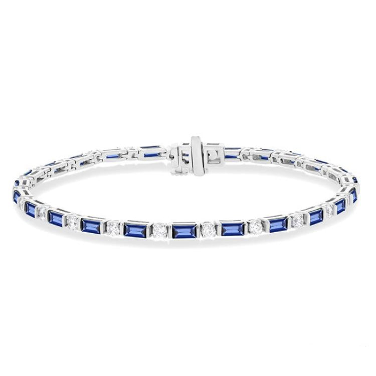 4X2 MM Baguette Cut Sapphire and 1 1/10 Ctw Art Deco Round Cut Diamond Precious Bracelet in 14K White Gold