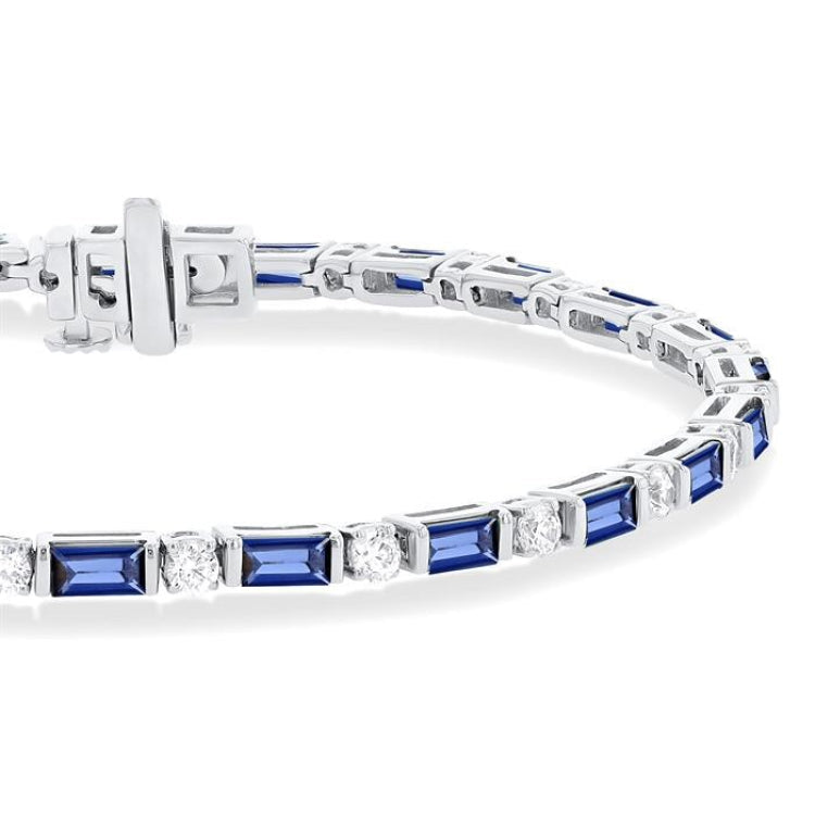 4X2 MM Baguette Cut Sapphire and 1 1/10 Ctw Art Deco Round Cut Diamond Precious Bracelet in 14K White Gold