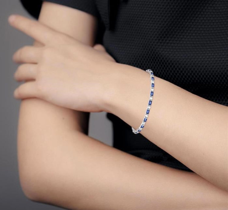 4X2 MM Baguette Cut Sapphire and 1 1/10 Ctw Art Deco Round Cut Diamond Precious Bracelet in 14K White Gold