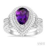 1/20 ctw Pear Cut 10X7 MM Amethyst and Round Cut Diamond Semi Precious Ring in Sterling Silver