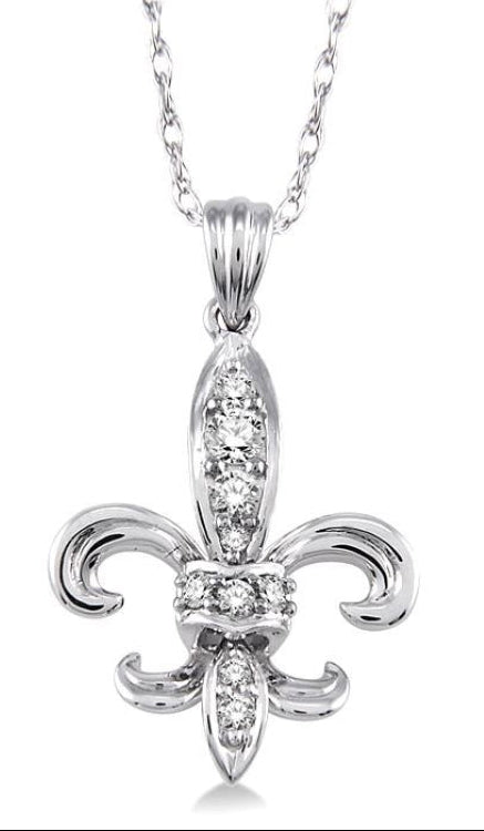 1/6 Ctw Round Cut Diamond Fleur De Lis Pendant in 14K White Gold with Chain