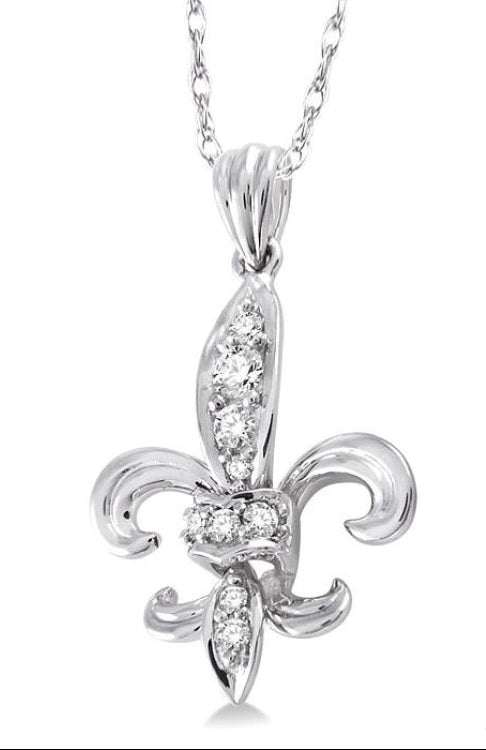 1/6 Ctw Round Cut Diamond Fleur De Lis Pendant in 14K White Gold with Chain