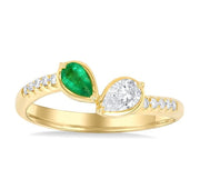 5x3 MM Pear Cut Emerald and 1/3 Ctw Pear & Round Cut Diamond Toi Et Moi Precious Fashion Ring in 14K Yellow Gold