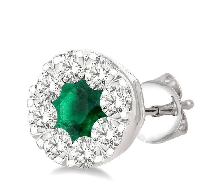3.3 MM Emerald and 1/2 Ctw Round Cut Diamond Lovebright Precious Stud Earrings in 14K White Gold