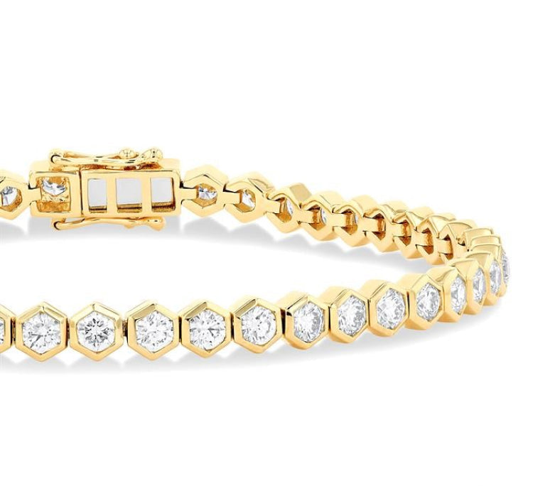 4 Ctw Hexagon Motif Bezel Set Round Cut Diamond Tennis Bracelet in 14K Yellow Gold