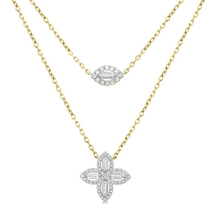 1/2 Ctw Floral Baguette and Round Cut Diamond Layered Fashion Necklace in 14K Yellow Gold