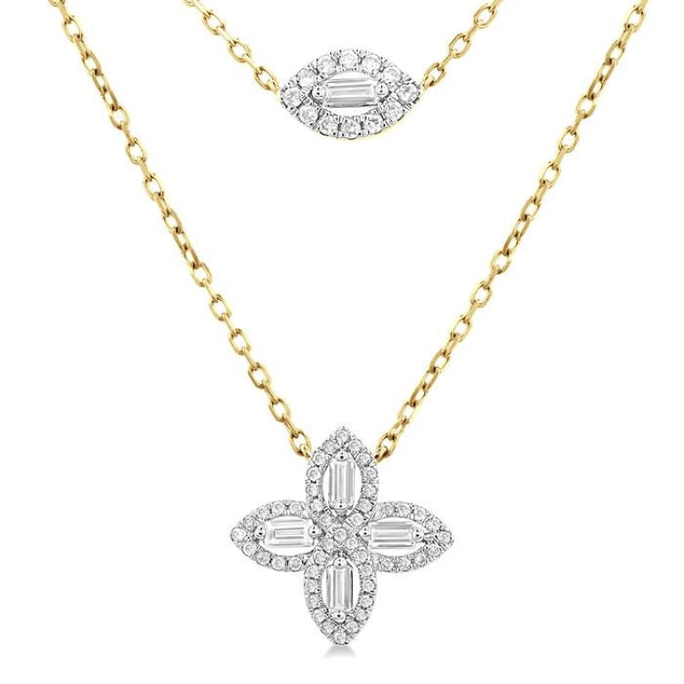 1/2 Ctw Floral Baguette and Round Cut Diamond Layered Fashion Necklace in 14K Yellow Gold