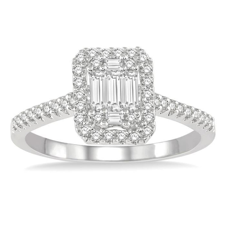 5/8 Ctw Emerald Shape Baguette and Round Cut Diamond Ring in 14K White Gold