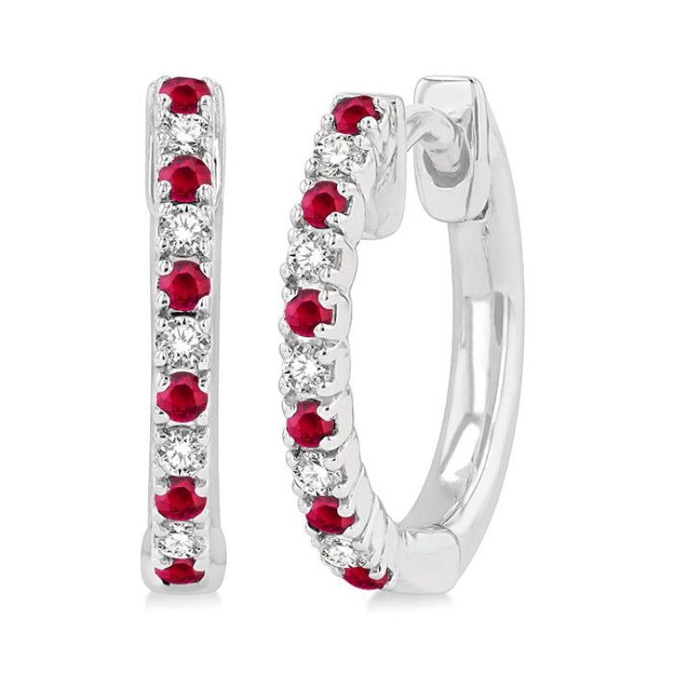 1.35 MM Round Shape Ruby and 1/10 Ctw Round Cut Diamond Petite Precious Fashion Huggies in 10K White Gold