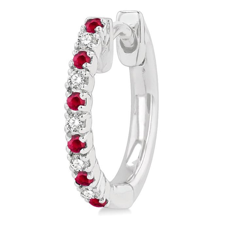 1.35 MM Round Shape Ruby and 1/10 Ctw Round Cut Diamond Petite Precious Fashion Huggies in 10K White Gold