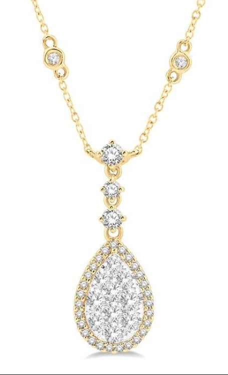 1 Ctw Pear Shape Round Cut Diamond Lovebright Necklace in 14K Yellow and White Gold