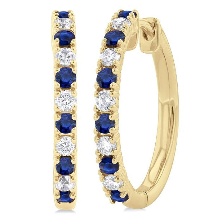 1.80 MM Round Shape Sapphire and 1/4 Ctw Round Cut Diamond Precious Hoop Earring in 10K Yellow Gold