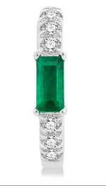 Load image into Gallery viewer, 4X2 MM Baguette Cut Emerald and 1/8 Ctw Petite Round Cut Diamond Fashion Huggies in 10K White Gold