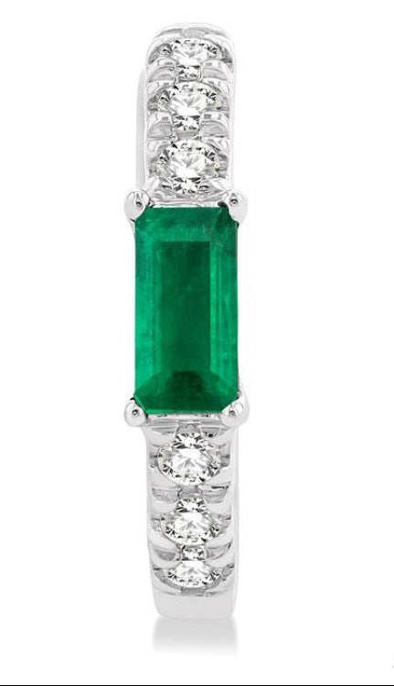 4X2 MM Baguette Cut Emerald and 1/8 Ctw Petite Round Cut Diamond Fashion Huggies in 10K White Gold