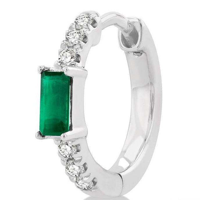 4X2 MM Baguette Cut Emerald and 1/8 Ctw Petite Round Cut Diamond Fashion Huggies in 10K White Gold