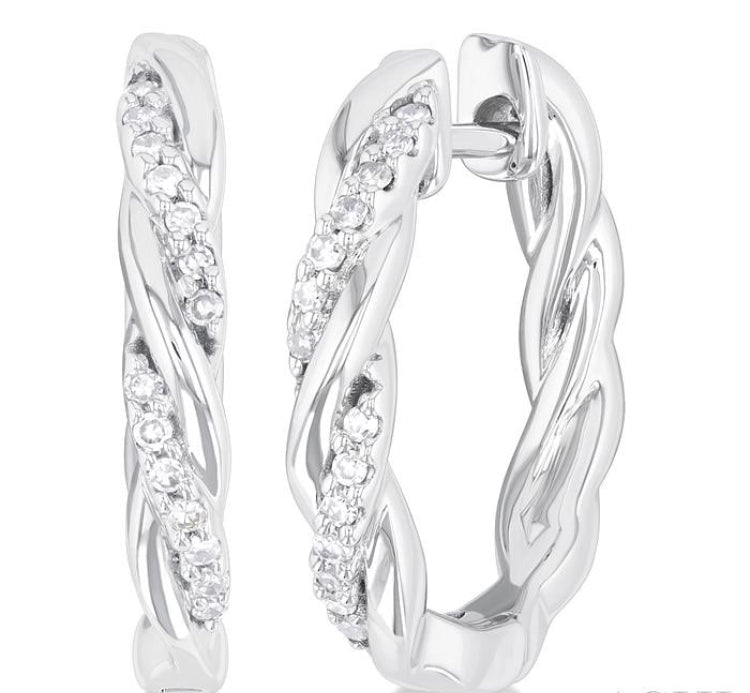1/10 Ctw Entwined Front Round Cut Diamond Fashion Hoop Earring in 10K White Gold