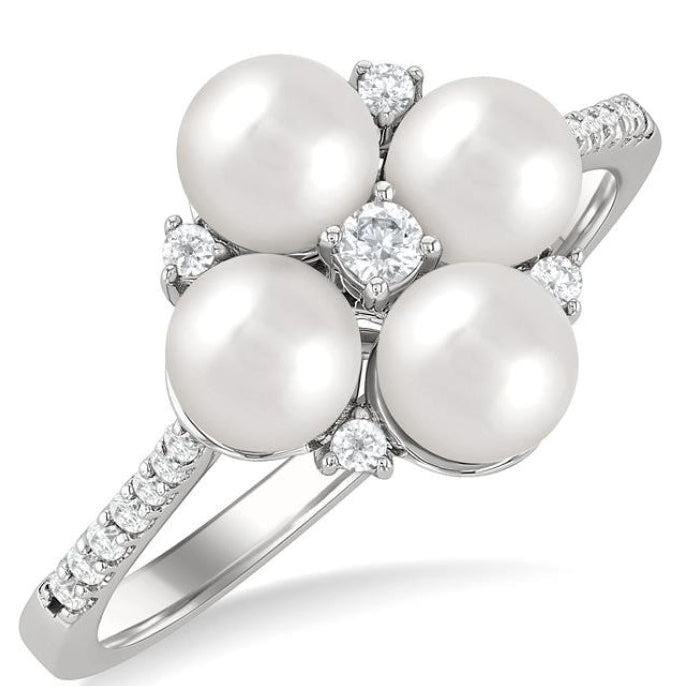 5x5 MM Round Shape Floral Cultured Pearls and 1/6 Ctw Round Cut Diamond Fashion Ring in 10K White Gold