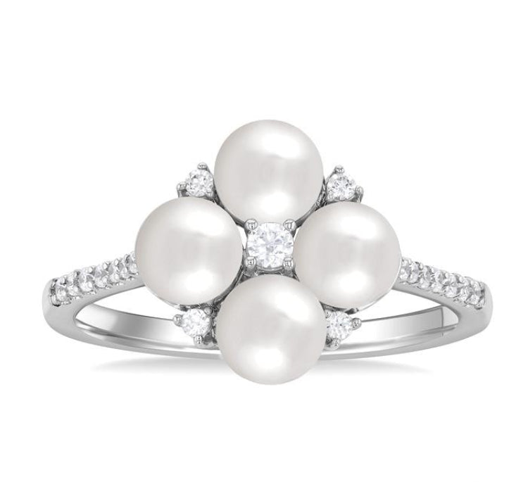 5x5 MM Round Shape Floral Cultured Pearls and 1/6 Ctw Round Cut Diamond Fashion Ring in 10K White Gold