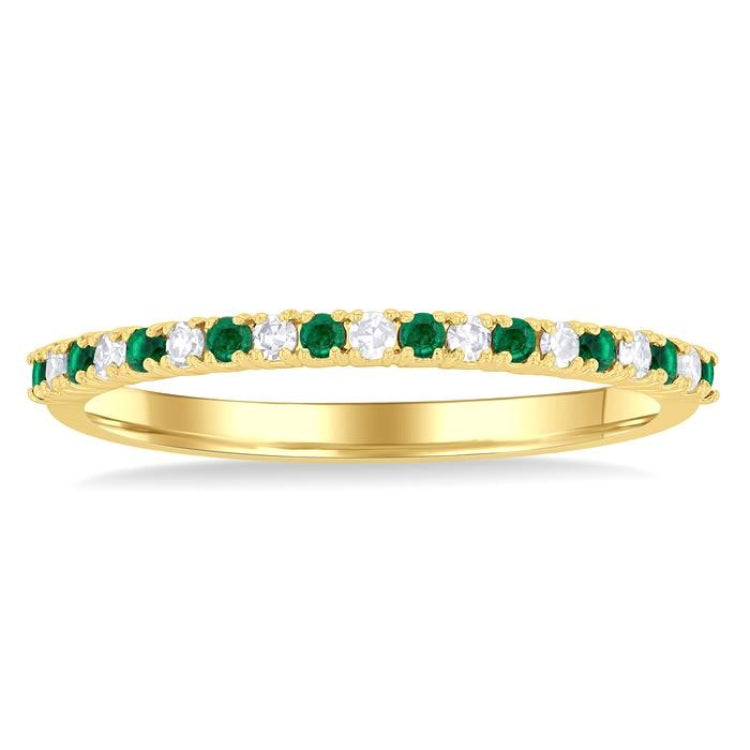 1.35 MM Round Shape Emerald and 1/10 Ctw Petite Round Cut Diamond Precious Stack Band in 10K Yellow Gold
