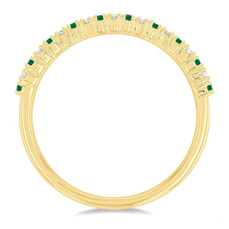 1.35 MM Round Shape Emerald and 1/10 Ctw Petite Round Cut Diamond Precious Stack Band in 10K Yellow Gold