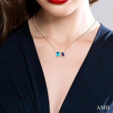 6X4 MM Emerald Cut Blue Topaz and Pear Cut Amethyst and 1/5 Ctw Toi Et Moi Round Cut Diamond Halo Fashion Pendant With Chain in 14K Yellow Gold