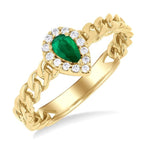 Load image into Gallery viewer, 5x3 MM Pear Cut Emerald and 1/10 Ctw Curb &amp; Cuban Link Round Cut Diamond Halo Precious Ring in 10K Yellow Gold